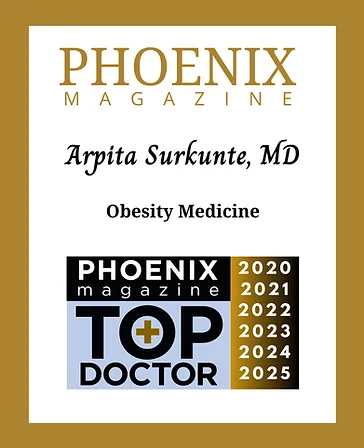 An award from Phoenix Magazine celebrating Dr. Aprita Surkunte as a top doctor for Obesity Medicine